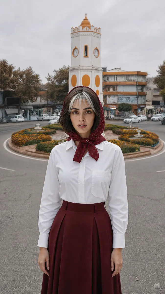 Edit the same woman from the reference photo (image 1), keeping her exact face, 