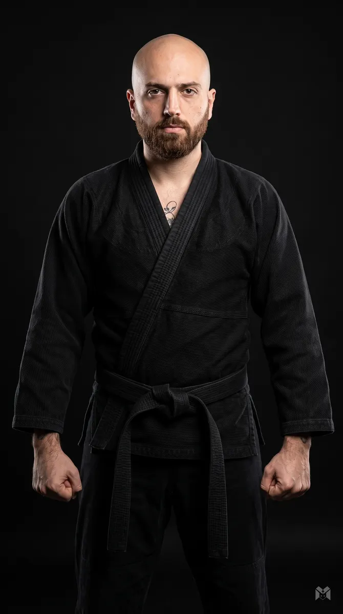 Take my image as refrence and put me in a  martial art black clothing standing a